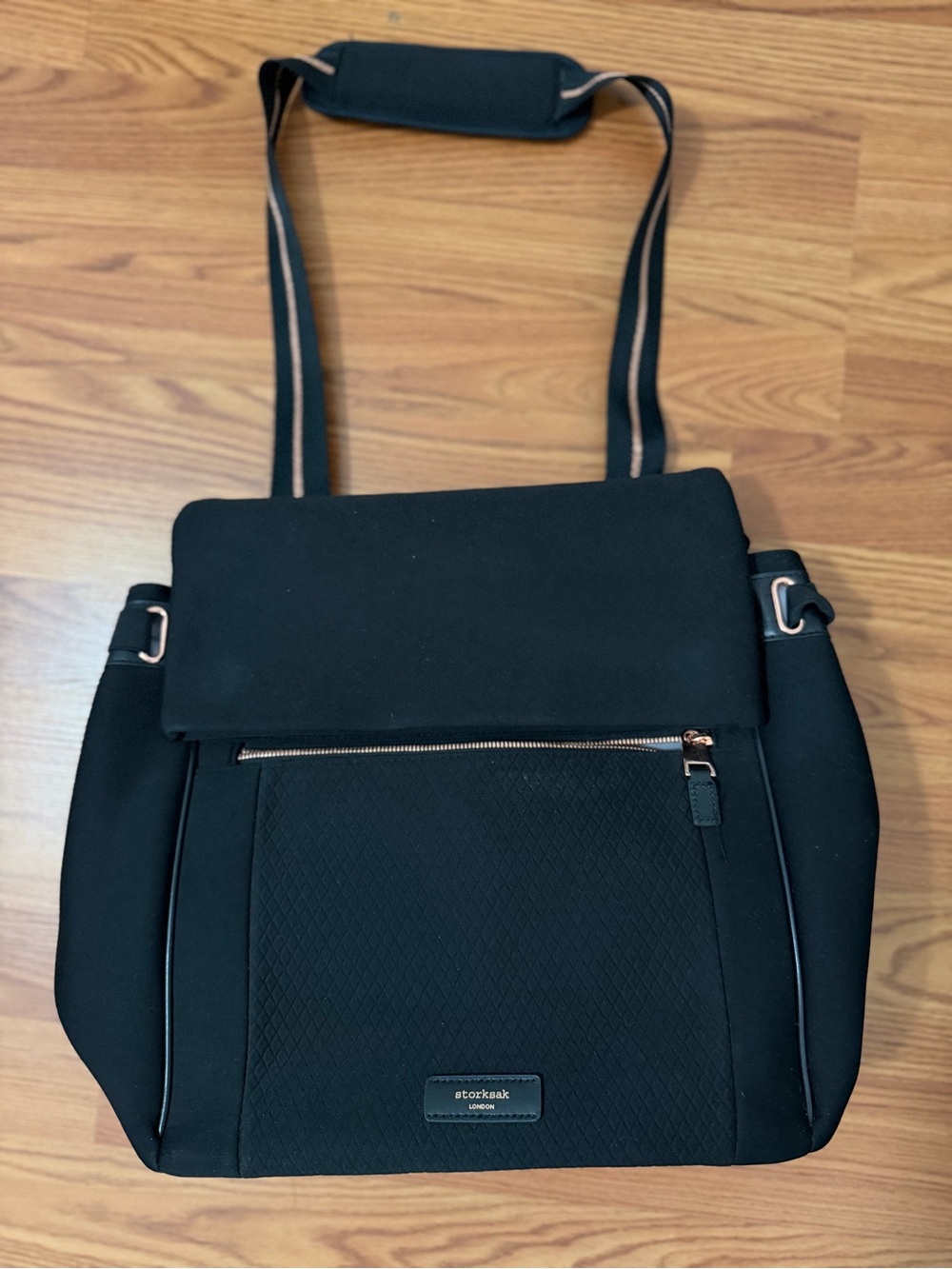 Storksak Black Neoprene Shoulder Crossbody Bag with Rose Gold Hardware